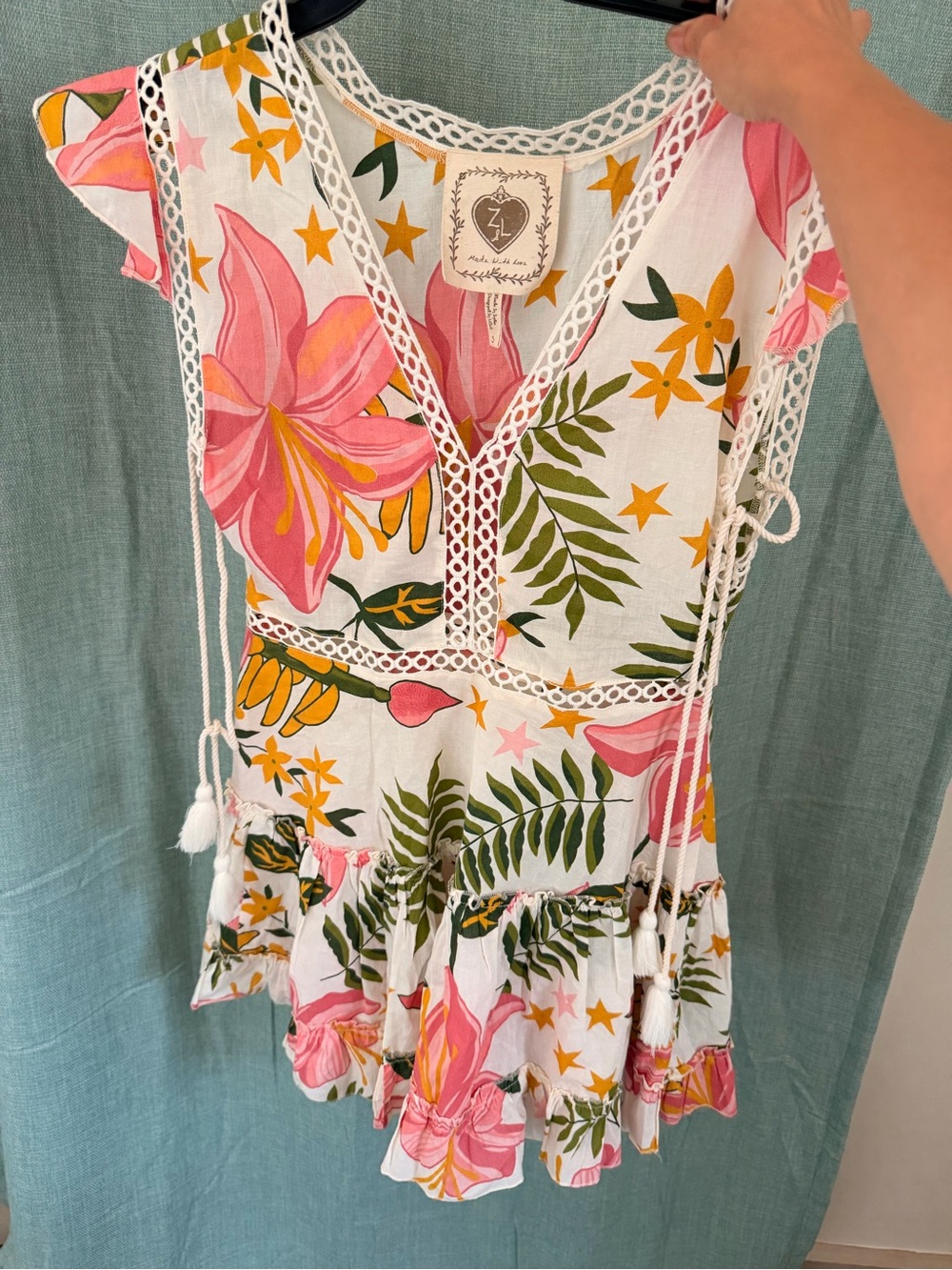 Z&L Europe lace-trimmed tropical Mini Dress Small Floral 100% Cotton